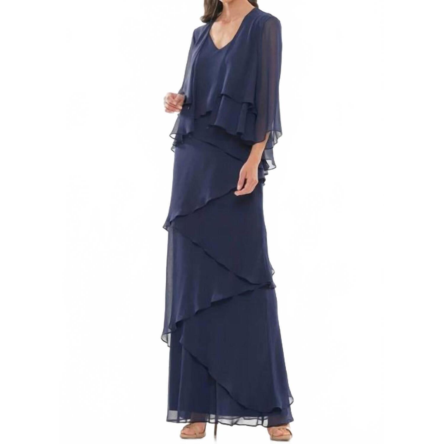 New Colors Dress Layered Chiffon Gown In Navy